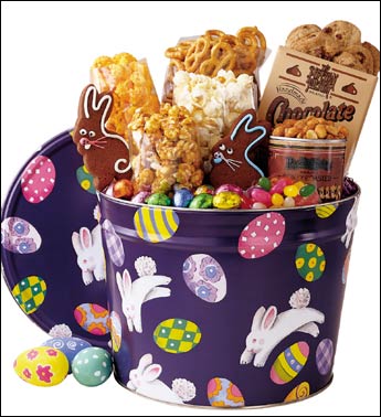 2 Gallon Bunny & Egg Tin
The Bunny himself couldnt do it better! Our 2 gallon Bunny & Egg tin is loaded with goodies everyone will love: foil wrapped chocolate eggs, jelly beans, chocolate chip cookies, chocolate bunny cookies, pretzels, honey roasted peanuts and our very best caramel, cheese and white cheddar popcorn. Its a jelly bean buster at 1/2 the regular price, but you better hop to it! Much like Spring, this special offer will be gone before you know it.